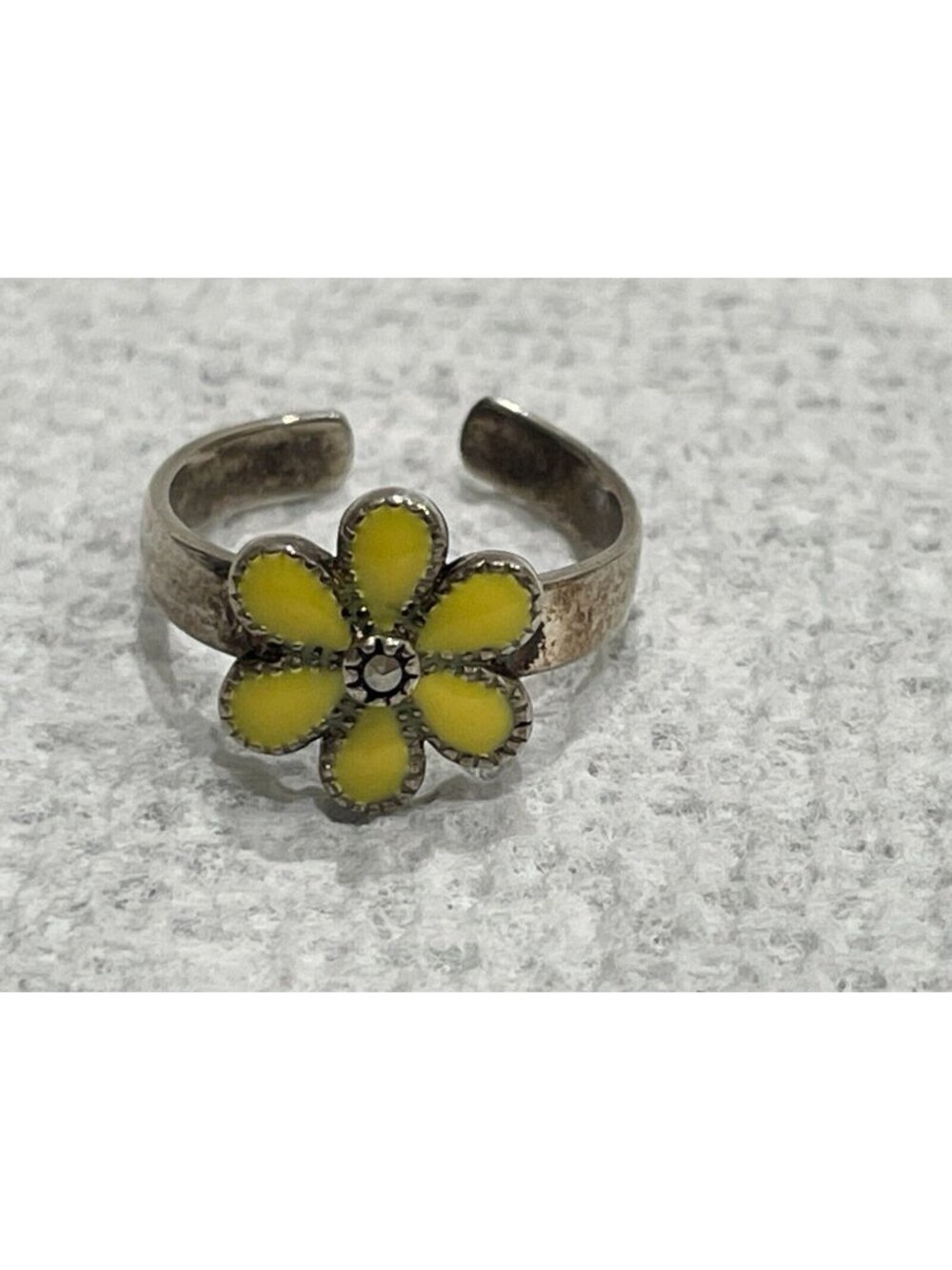 RARE Vintage JUDITH JACK Signed 925 Sterling Yellow Enamel Marcasite Flower Ring
